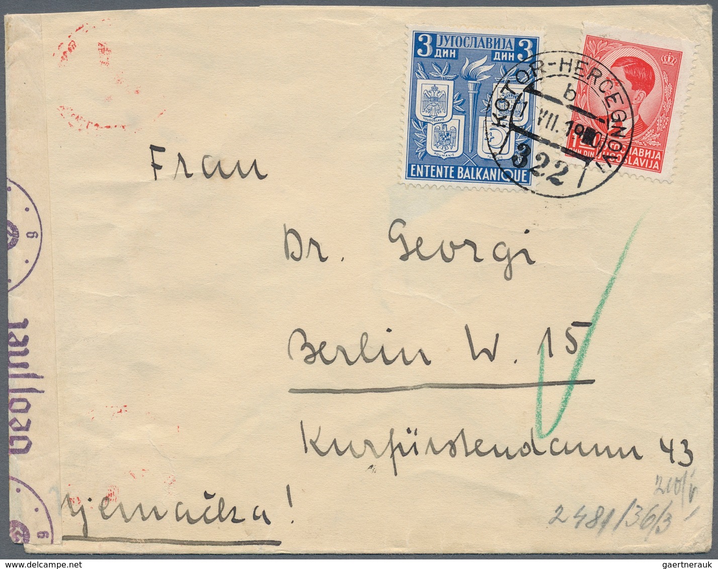 Jugoslawien: 1940 - KOTOR-HERCEGNOVI 322 Ship Post Office Cancel On 3d Entente Balkanique And 1,50d - Briefe U. Dokumente