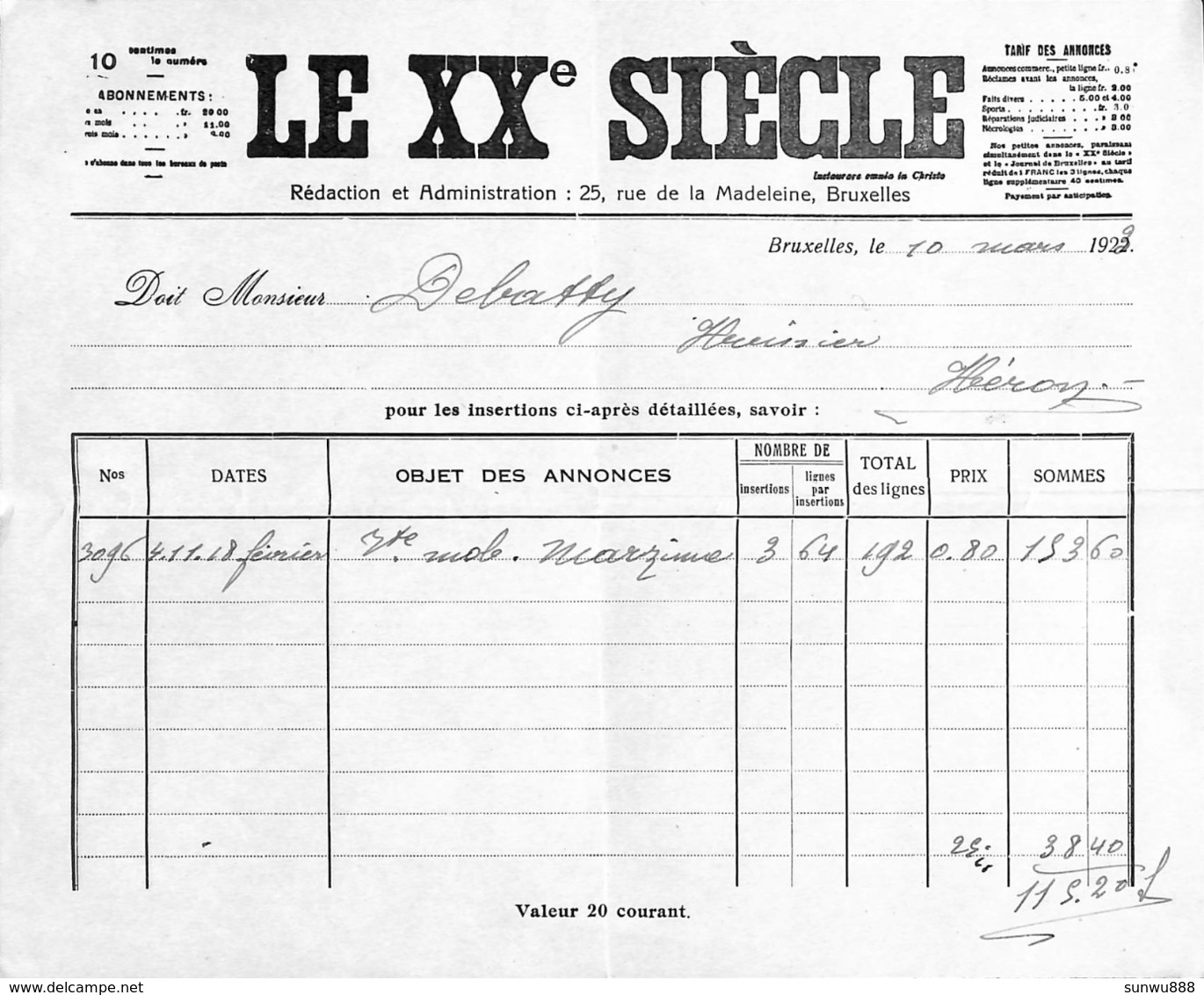 Bruxelles - Le XXe Siècle - Insertion Annonce 1923 - 1900 – 1949