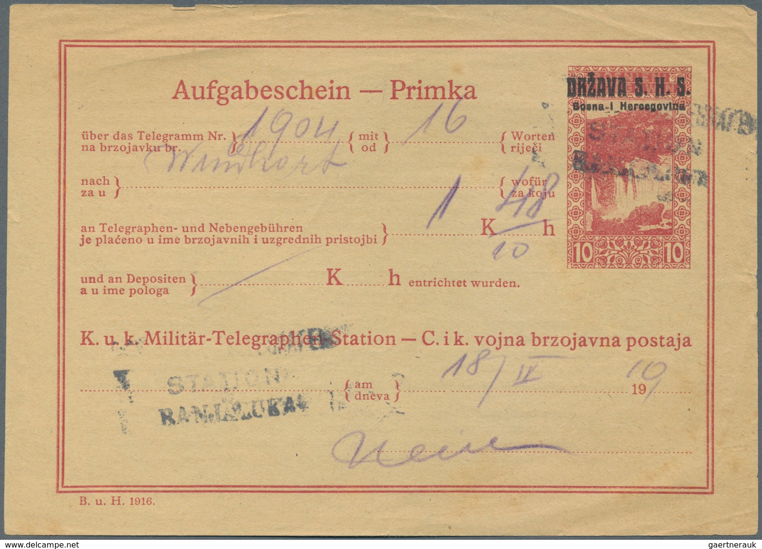 Jugoslawien - Ganzsachen: 1919 Used Receipt For Telegrams With Imprint "DRZAVA S.H.S./Bosna I Herzeg - Postwaardestukken