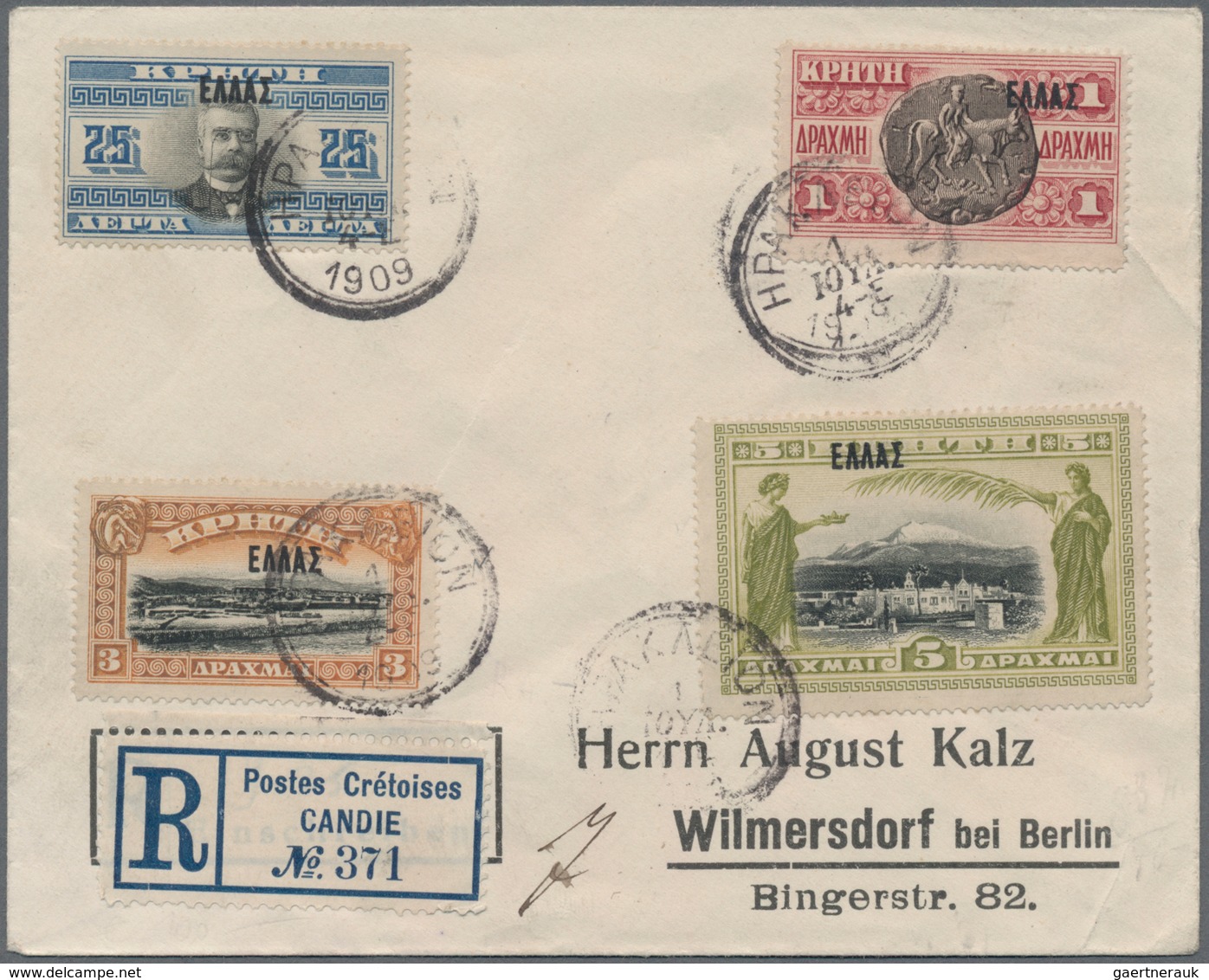 Kreta: 1908, ΕΛΛΑΣ Overprints, 25l., 1dr., 3dr. And 5dr., Attractive Franking On Registered Cover Fr - Kreta