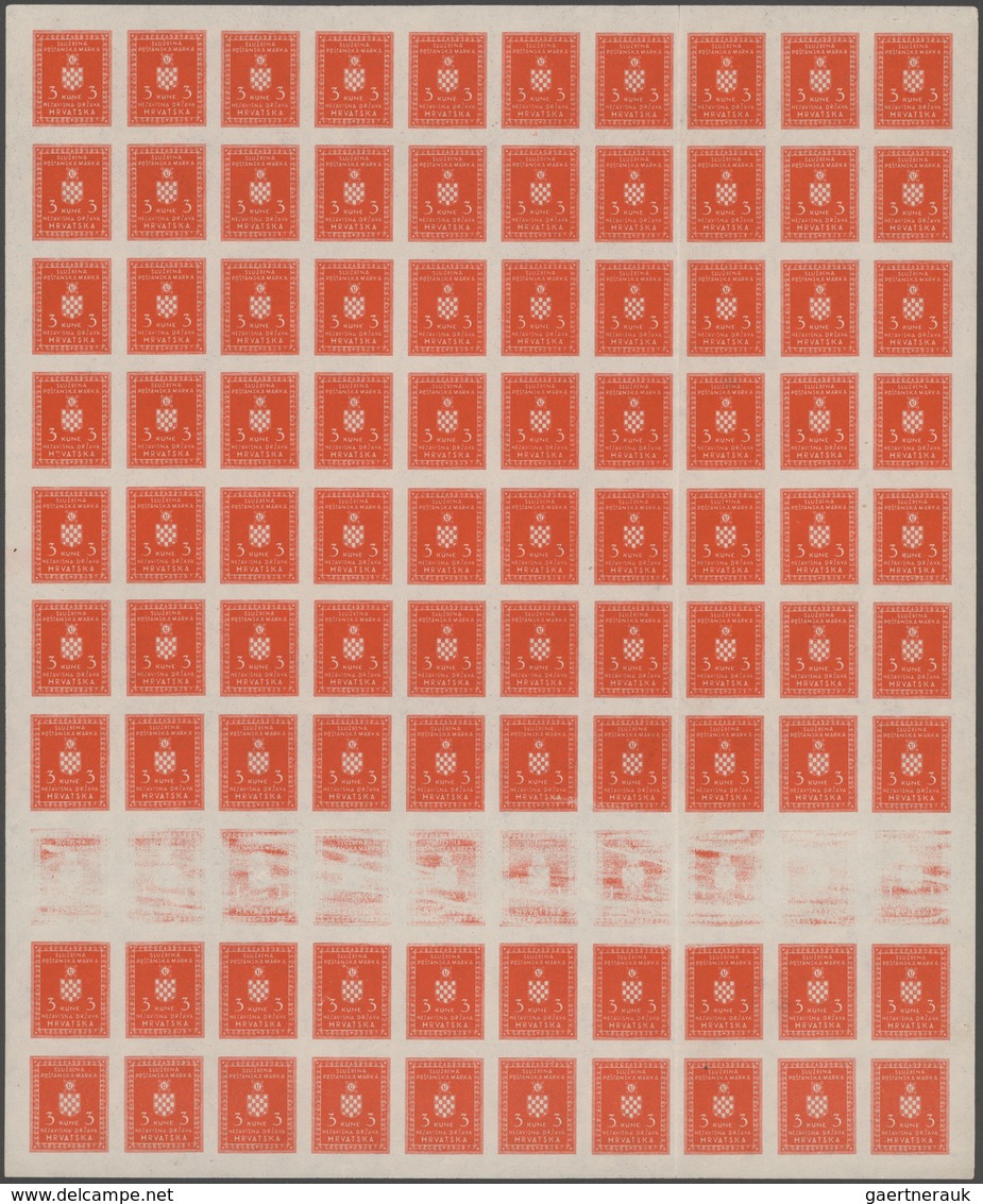 Kroatien - Dienstmarken: 1942, 3 K Red, IMPERFORATED PROOF, Complete Printing Sheet With 100 (10 X 1 - Croatia