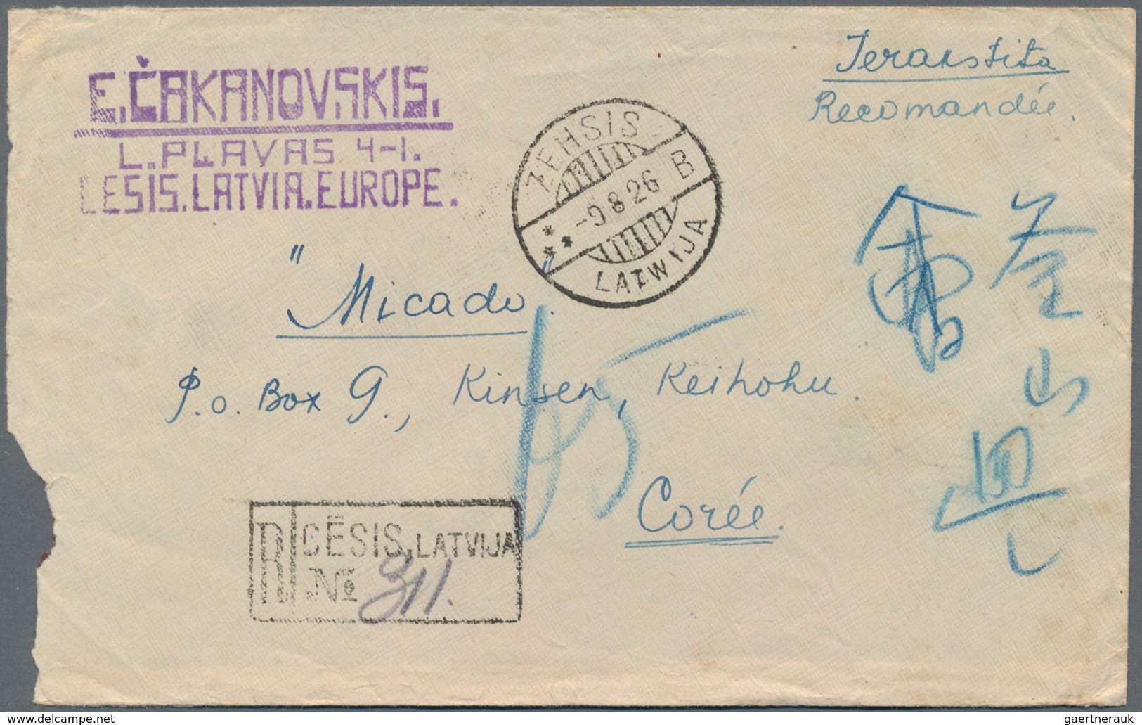 Lettland: 1924/26, Two Covers To Kinsen/Korea From Latvia Resp. Lithuania: Registered From "ZEHSIS 9 - Letland