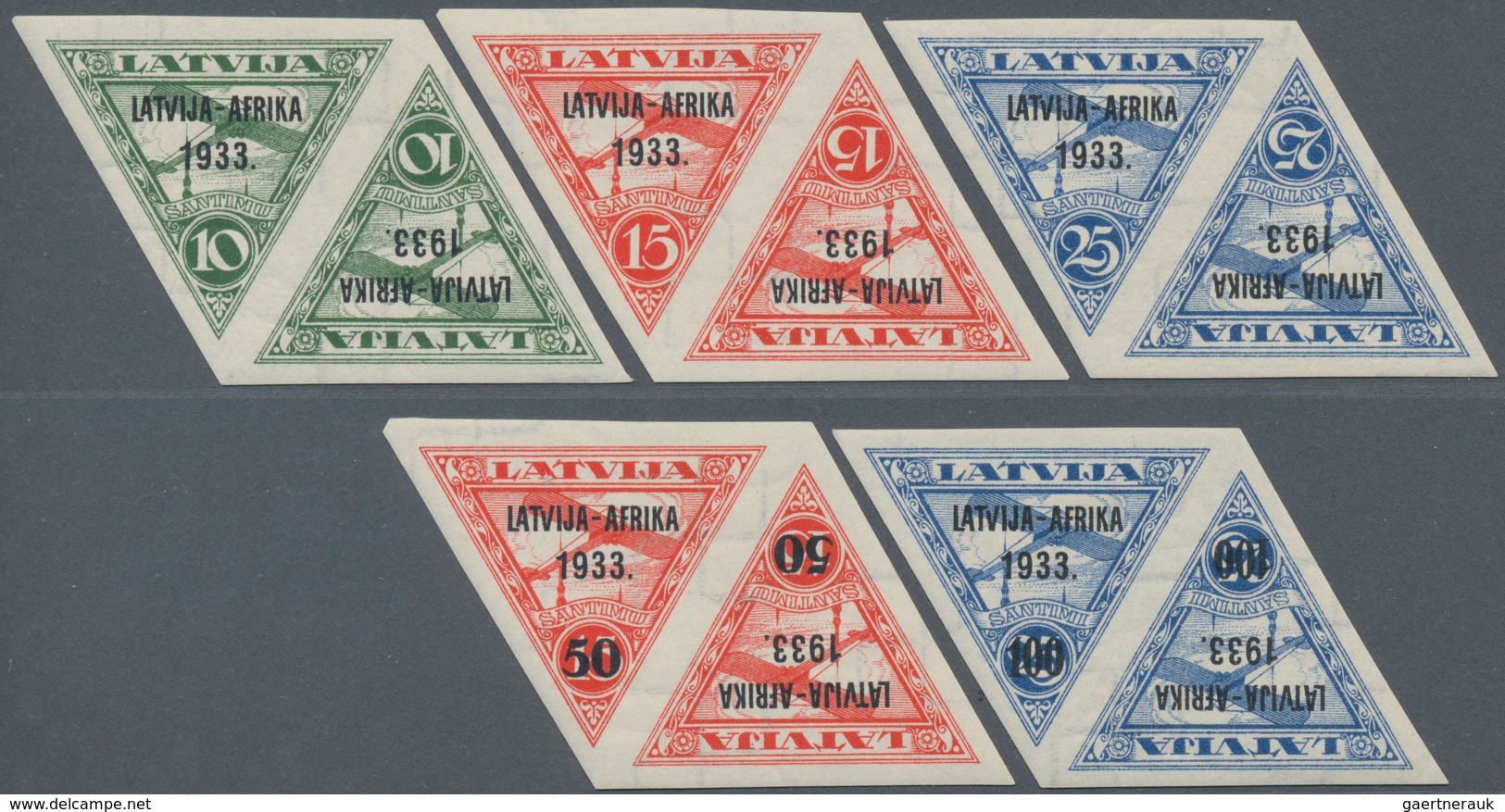 Lettland: 1933, First Flight Latvia-Gambia, Complete Mint NH Set In Very Rare Luxury Couples In Inve - Lettland
