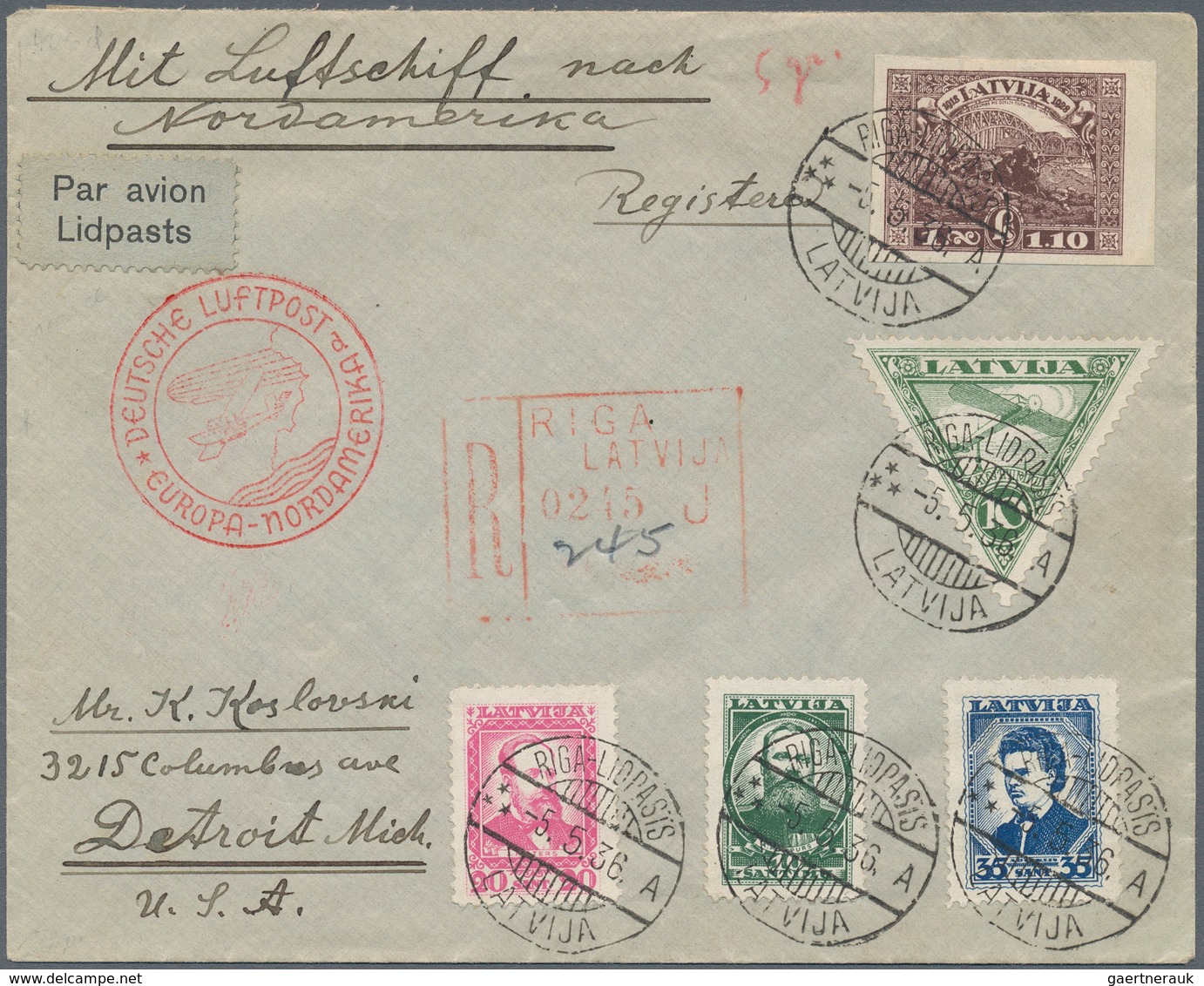 Lettland: 1936, 1. Nordamerikafahrt 1936, R-Brief Ab Riga 5.5. Mit Bunter MiF Nach Detroit, Transit - Lettland