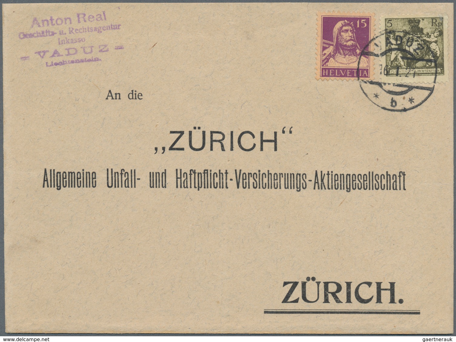 Liechtenstein - Vor- Und Mitläufer: 1921, SCHWEIZ-Mitläufer, 15 Rp. Violett Tell In MiF Mit Liechten - ...-1912 Vorphilatelie