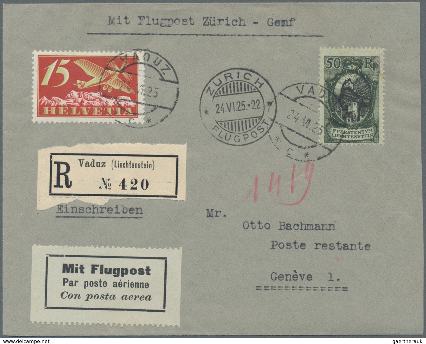 Liechtenstein - Vor- Und Mitläufer: 1925, SCHWEIZ-Mitläufer, 15 Rp. Flugpost In MiF Mit FL 50 Rp. La - ...-1912 Voorlopers