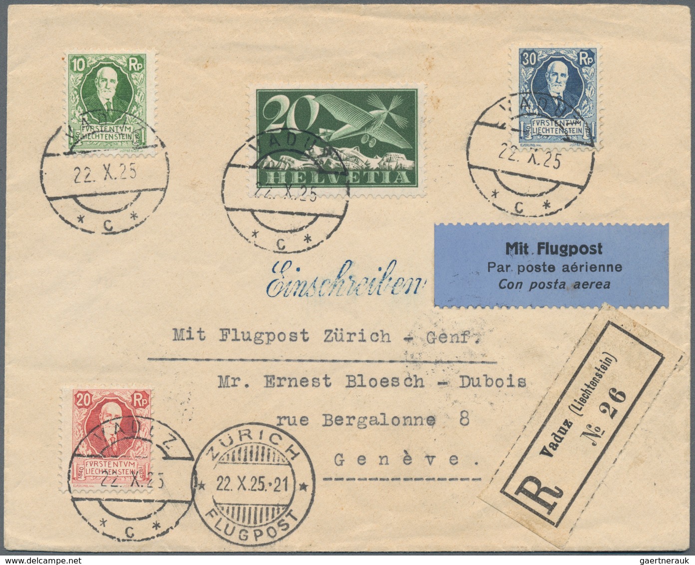 Liechtenstein - Vor- Und Mitläufer: 1925, SCHWEIZ-Mitläufer, 20 Rp. Flugpost In MiF Mit FL 10-30 Rp. - ...-1912 Voorlopers