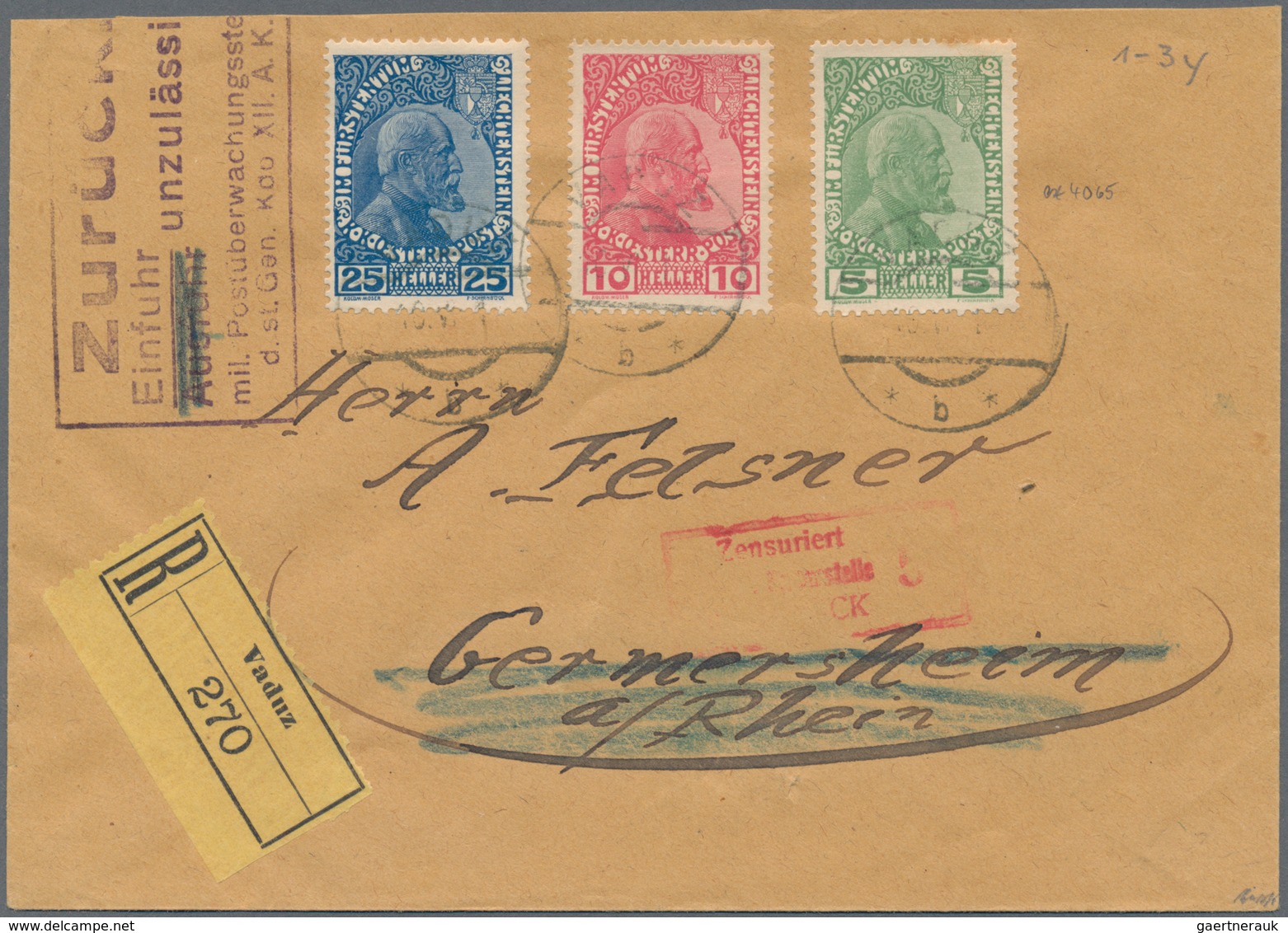 Liechtenstein: 1912, 5 H Green To 25 H Blue On Registered Cover (shortend At Top) With Censor Ship F - Unused Stamps