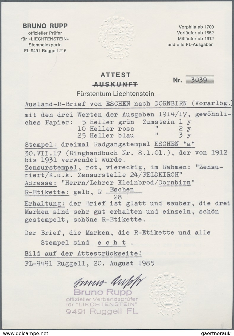 Liechtenstein: 1917, 30.7., 5-25 H. Fürst Gew. Papier Auf R-Brief Von Eschen über Feldkirch, Dort Ze - Ungebraucht