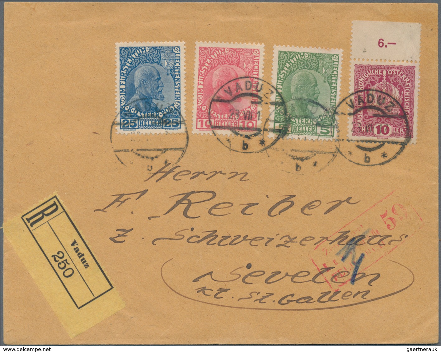 Liechtenstein: 1917, 23.7., 5-25 H. Fürst Gew. Papier In MiF Mit Österreich 10 H. Kaiserkrone, Selte - Unused Stamps