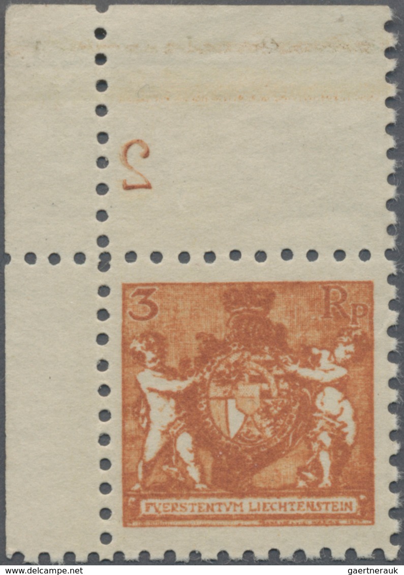 Liechtenstein: 1921, Freimarken Landeswappen, 3 Rp. Orange In Weiter Zähnung, Eckrandstück Links Obe - Unused Stamps