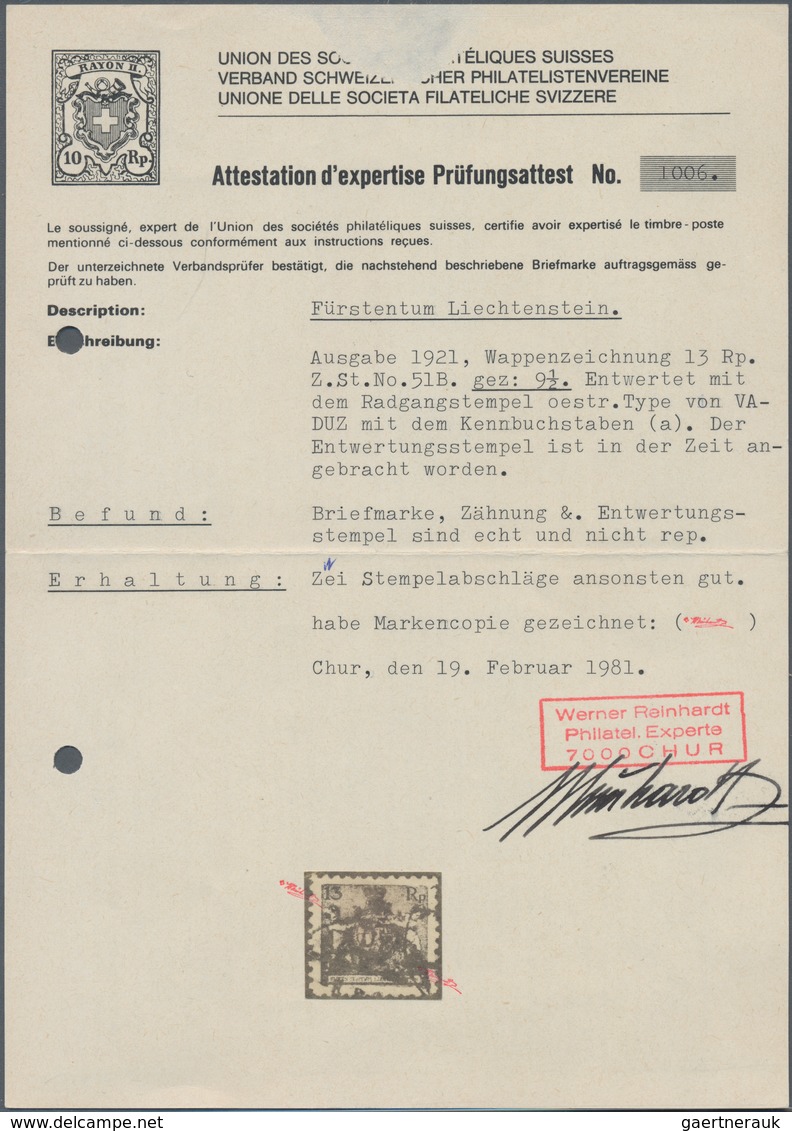 Liechtenstein: 1921, 13 Rp Rotbraun Gez. 9 1/2 Sauber Gestempelt VADUZ (3.000.-), Echt Und Einwandfr - Ungebraucht