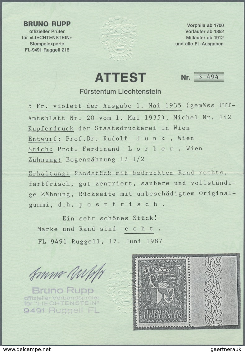 Liechtenstein: 1933, Freimarke 5 Fr Schwarzrotviolett, Postfrisches Ungefaltetes Luxus-Stück Vom Rec - Ongebruikt