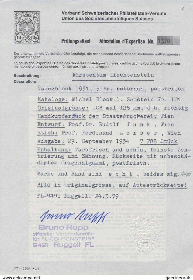 Liechtenstein: 1934, Vaduz-Block, Taufrischer Postfrischer Luxus-Block Völlig Ohne Büge, Fotoattest - Unused Stamps