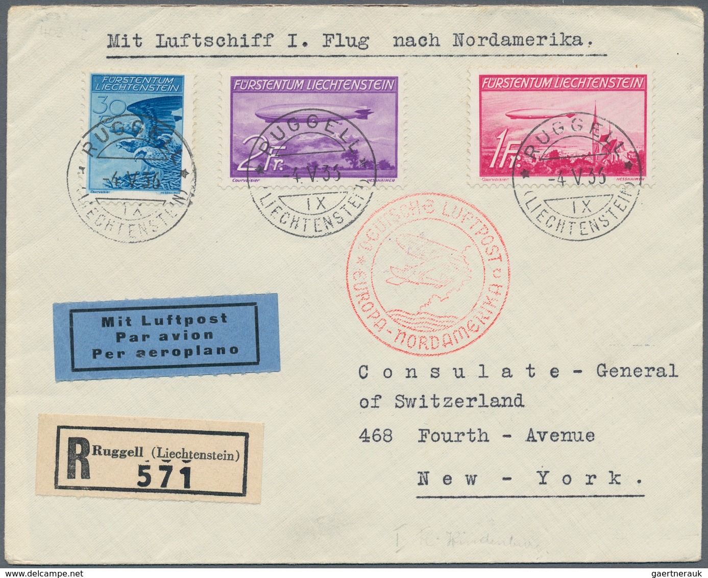 Liechtenstein: 1936, LZ 129 / LIECHTENSTEIN 1. NAF: R-Luxusbrief (Einschreiben) Mit Seltener Aufgabe - Ongebruikt