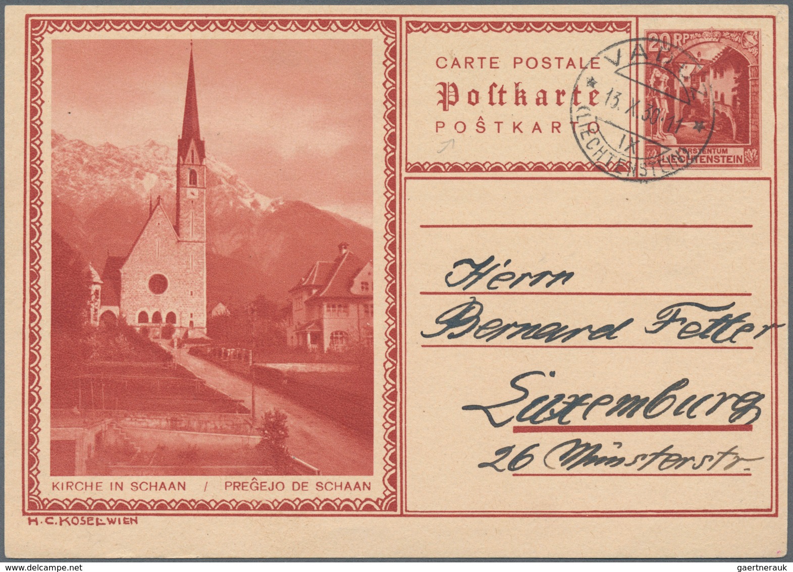 Liechtenstein - Ganzsachen: 1930, 20 Rp. Schloßhof, Bild Kirche Schaan, Bedarfskarte Von Vaduz Nach - Postwaardestukken