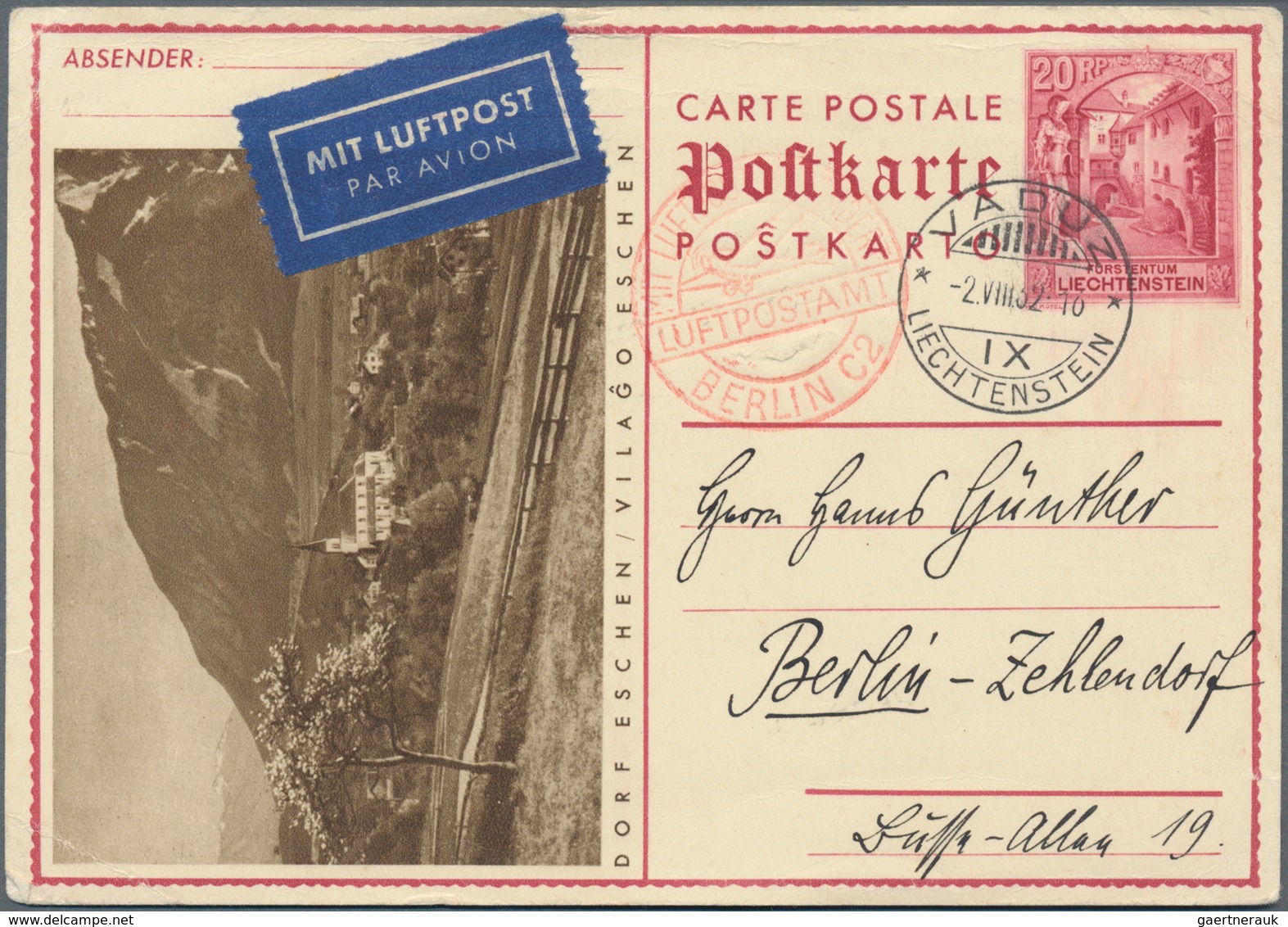 Liechtenstein - Ganzsachen: 1932, 20 Rp. Schloßhof, Bild Eschen, Als Luftpostkarte Von Vaduz Mit Rot - Stamped Stationery