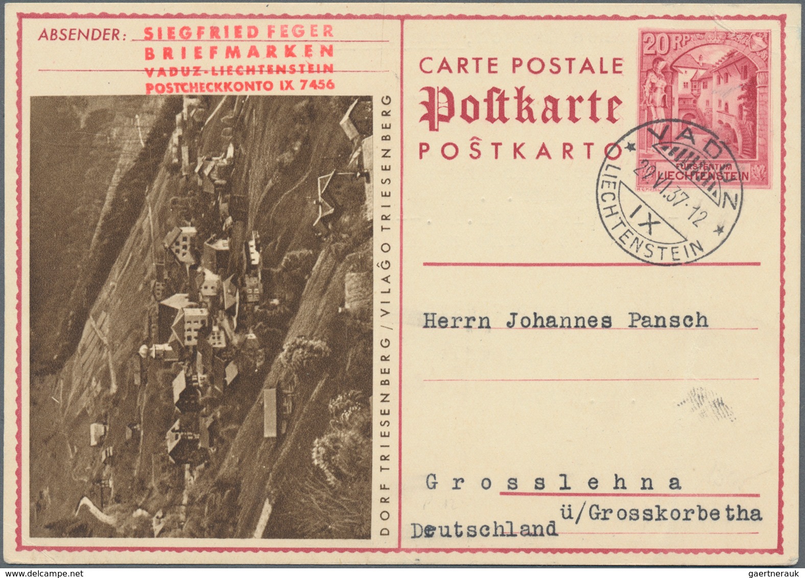 Liechtenstein - Ganzsachen: 1937, 20 Rp. Schloßhof, Bild Triesenberg, Bedarfskarte Von Vaduz Nach De - Postwaardestukken
