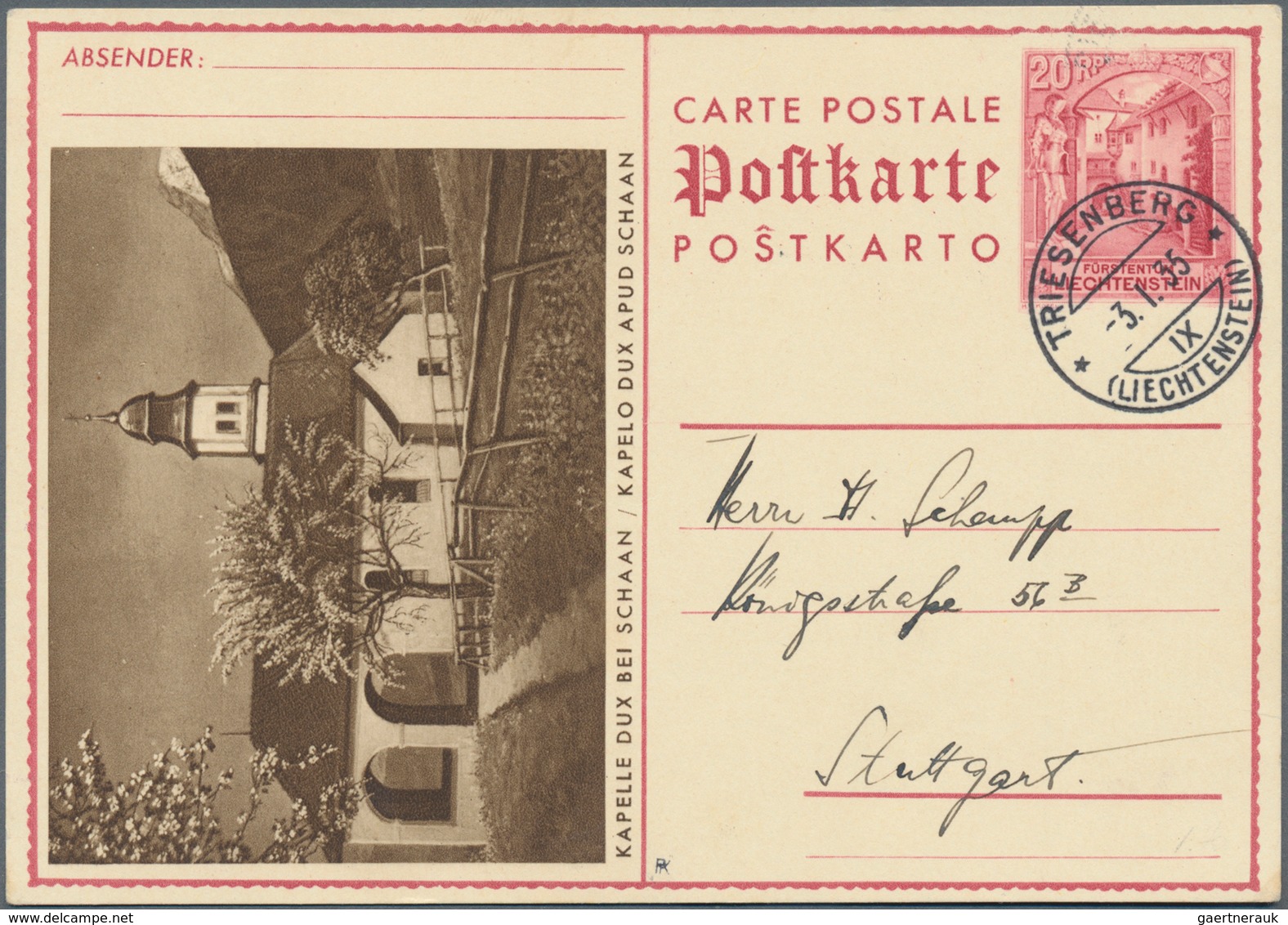 Liechtenstein - Ganzsachen: 1935, 20 Rp. Schloßhof, Bild Kapelle Dux, Saubere Karte Von Triesenberg - Stamped Stationery