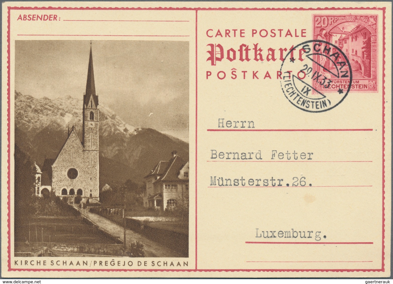 Liechtenstein - Ganzsachen: 1933, 20 Rp. Schloßhof, Bild Kirche Schaan, Bedarfskarte Von Schaan Nach - Postwaardestukken