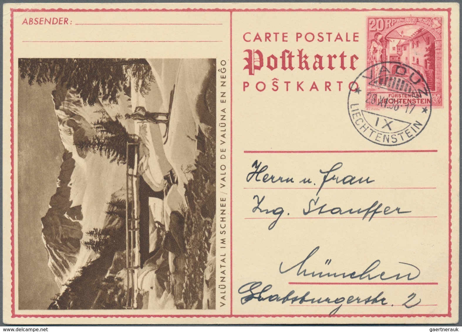 Liechtenstein - Ganzsachen: 1936, 20 Rp. Schloßhof, Bild Valünatal Im Schnee, Bedarfskarte Von Vaduz - Stamped Stationery