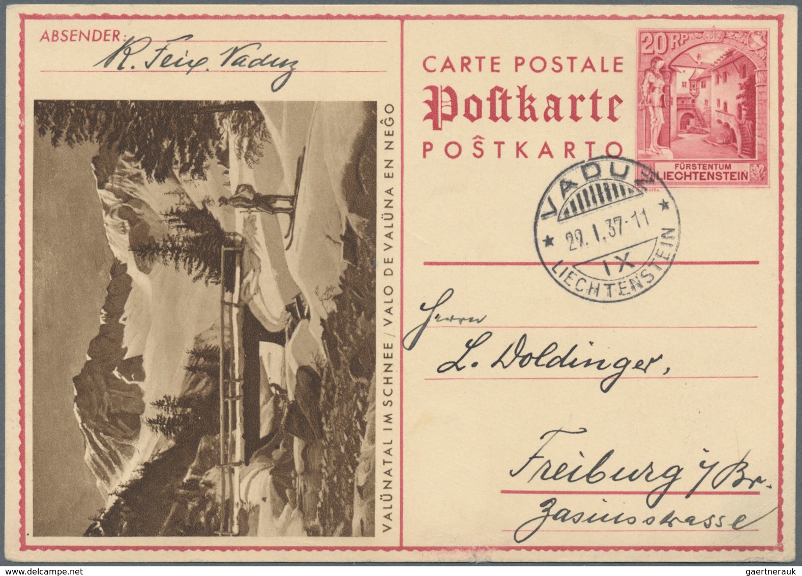 Liechtenstein - Ganzsachen: 1937, 20 Rp. Schloßhof, Bild Valünatal Im Schnee, Bedarfskarte Von Vaduz - Postwaardestukken