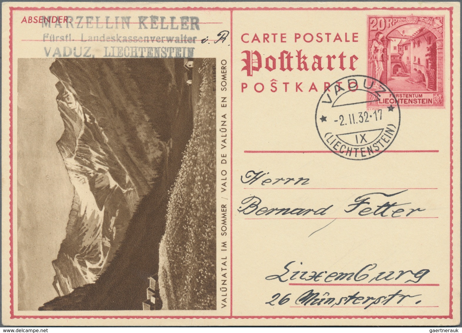 Liechtenstein - Ganzsachen: 1932, 20 Rp. Schloßhof, Bild Valünatal Im Sommer, Bedarfskarte Von Vaduz - Postwaardestukken