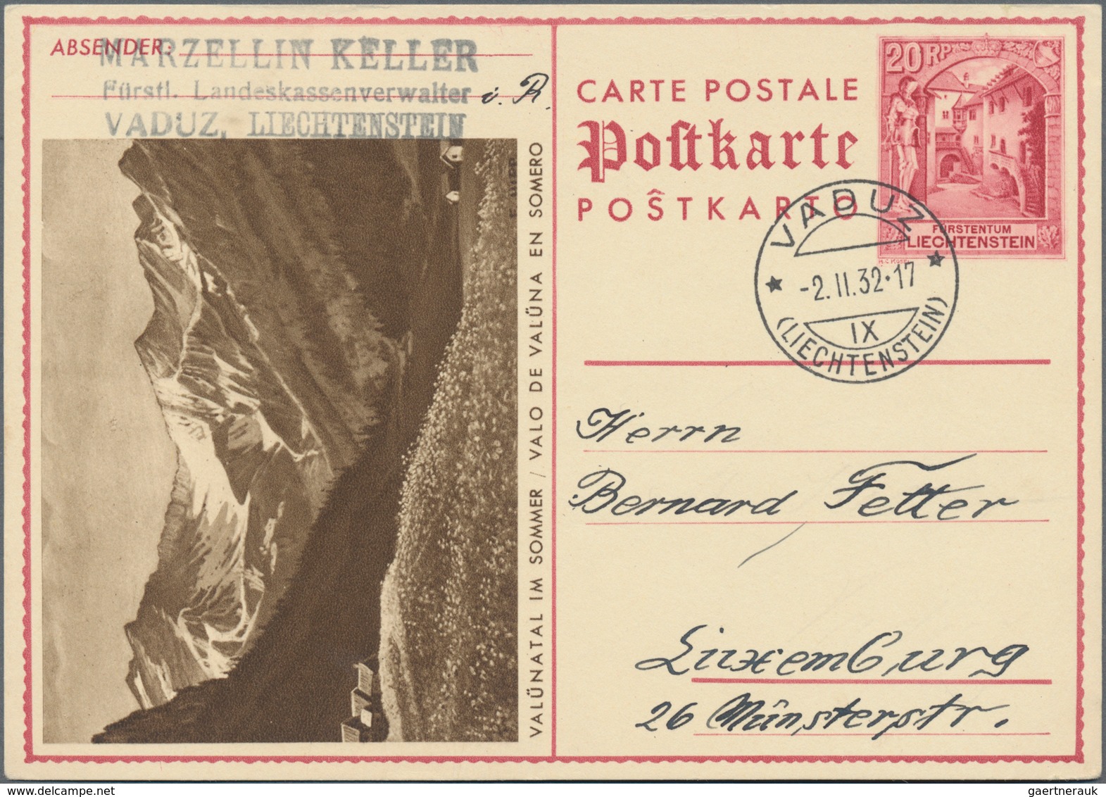 Liechtenstein - Ganzsachen: 1932, 20 Rp. Schloßhof, Bild Valünatal Im Sommer, Bedarfskarte Von Vaduz - Stamped Stationery