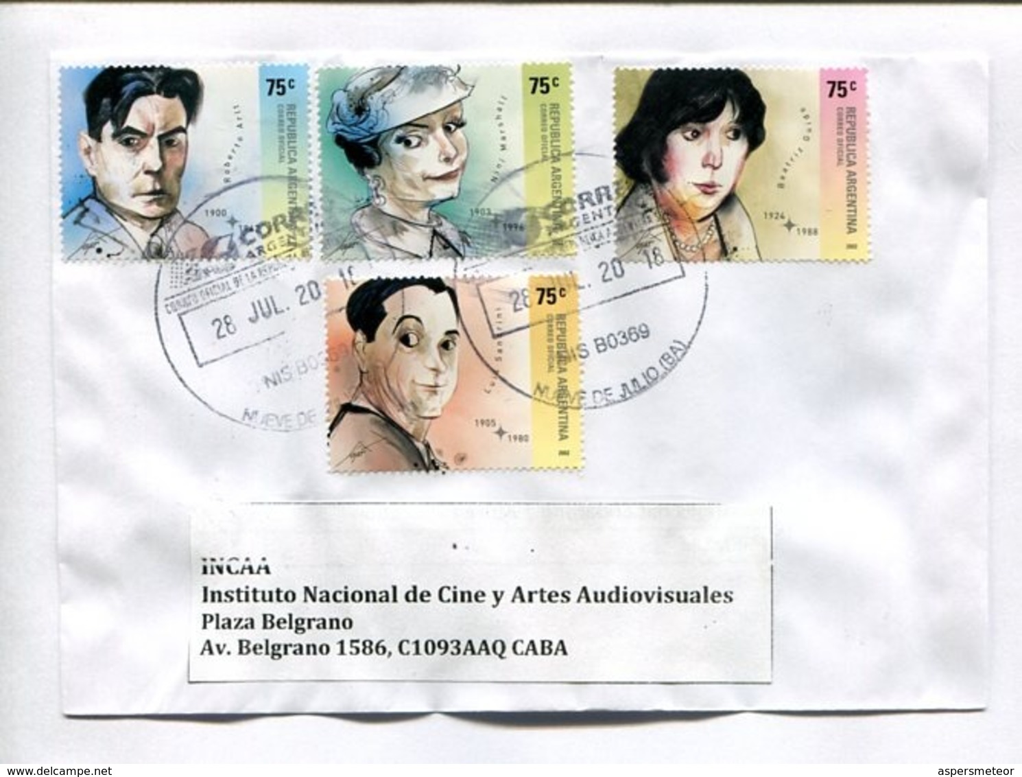 ARLT, MARSHALL, GUIDO, SANDRINI. ARGENTINA ENVELOPE CIRCULATED TO INCAA ARGENTINA YEAR 2018. -LILHU - Lettres & Documents