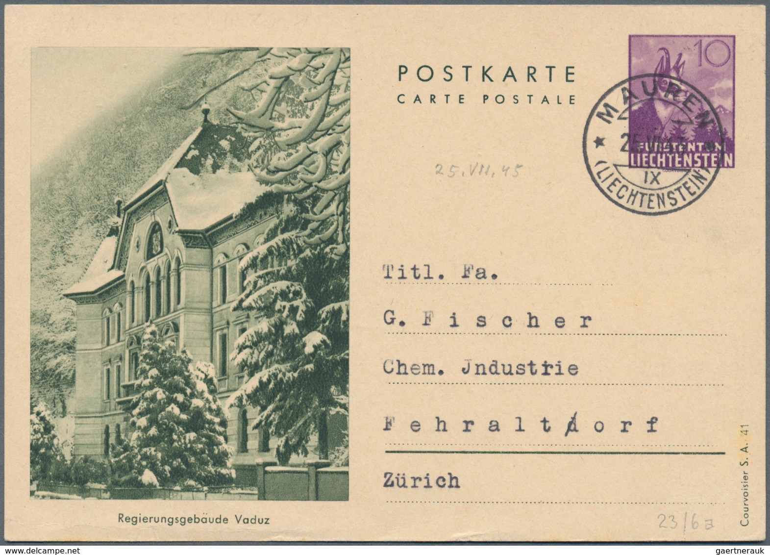 Liechtenstein - Ganzsachen: 1941, 10 Rp. Gämse mit Druckvermerk S.A.41, alle Bilder, 6 verschiedene