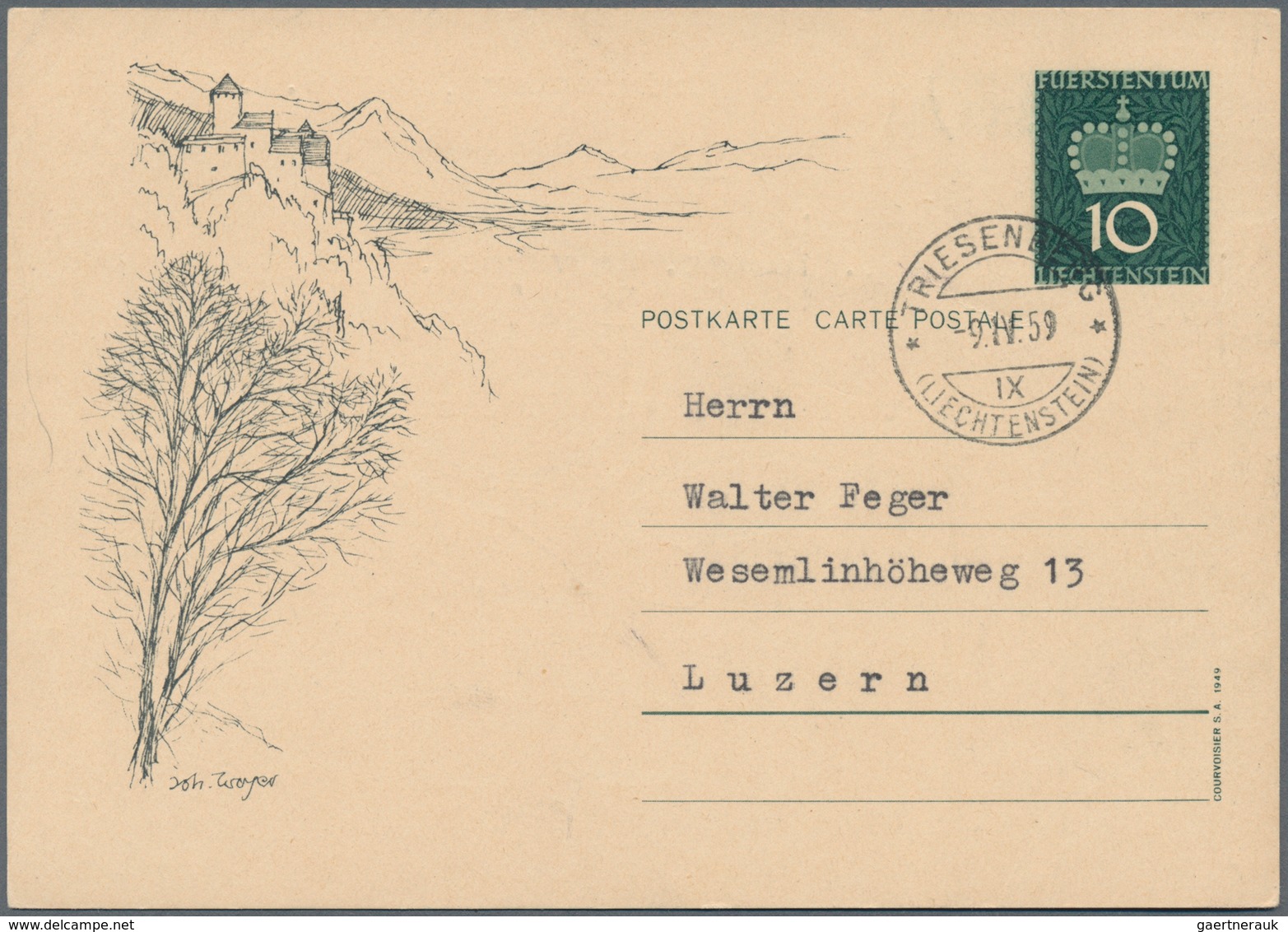 Liechtenstein - Ganzsachen: 1950, 10 Rp. Fürstenkrone Mit Druckvermerk S.A.1949, Alle 10 Bilder, Mei - Stamped Stationery