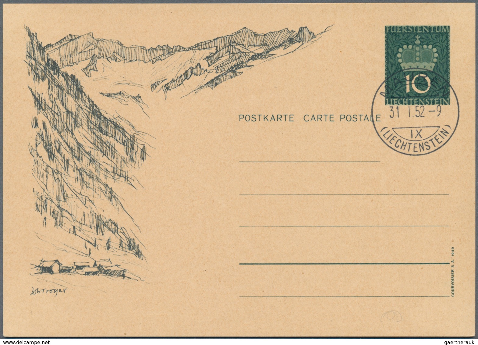 Liechtenstein - Ganzsachen: 1950, 10 Rp. Fürstenkrone Mit Druckvermerk S.A.1949, Alle 10 Bilder, Mei - Stamped Stationery