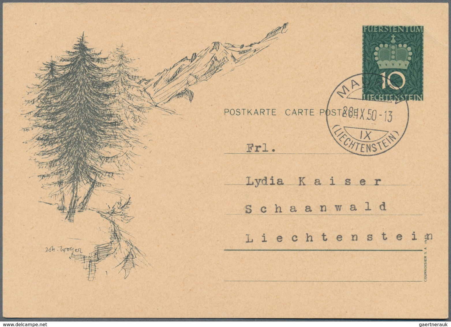 Liechtenstein - Ganzsachen: 1950, 10 Rp. Fürstenkrone mit Druckvermerk S.A.1949, alle 10 Bilder, mei