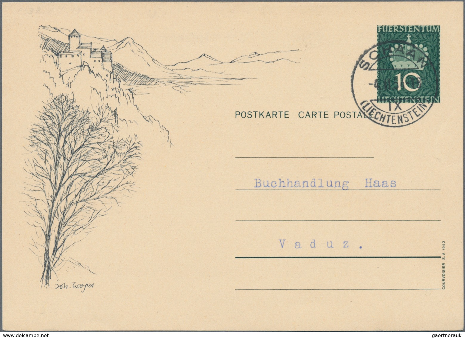 Liechtenstein - Ganzsachen: 1953, 10 Rp. Fürstenkrone Mit Druckvermerk S.A.1953, Alle 10 Bilder, Mei - Stamped Stationery