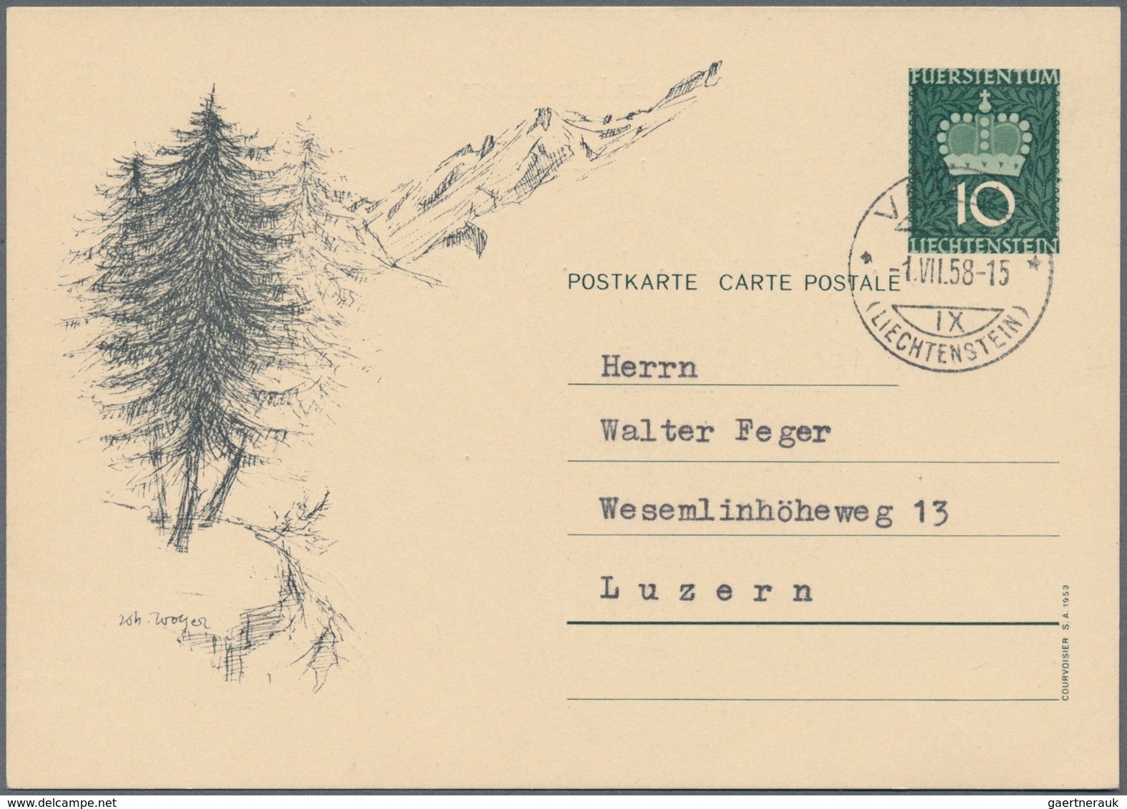 Liechtenstein - Ganzsachen: 1953, 10 Rp. Fürstenkrone mit Druckvermerk S.A.1953, alle 10 Bilder, mei