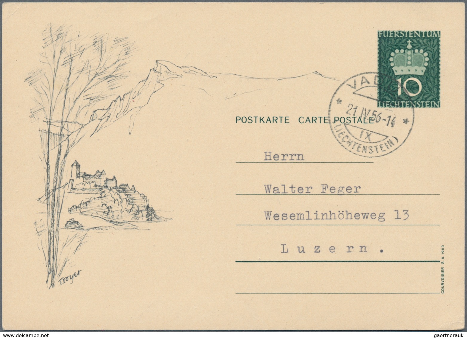 Liechtenstein - Ganzsachen: 1953, 10 Rp. Fürstenkrone mit Druckvermerk S.A.1953, alle 10 Bilder, mei