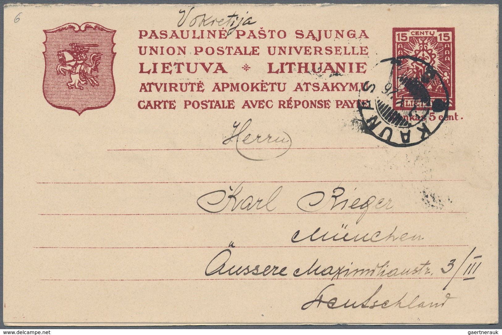 Litauen - Ganzsachen: 1924/1925, 36/36 C Red Single Psc And 15/15 C Chestnut Brown Double Psc Used F - Litouwen