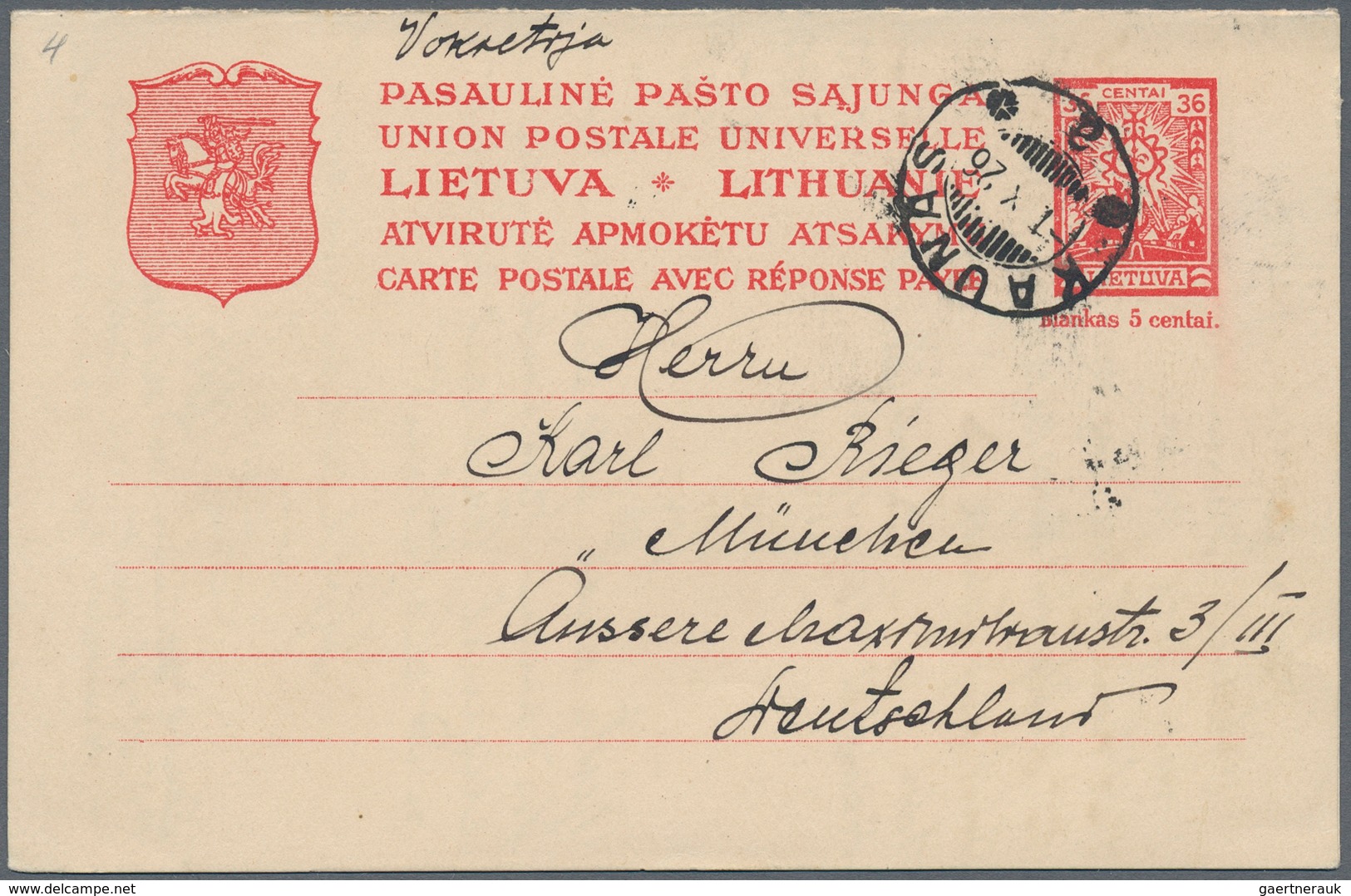 Litauen - Ganzsachen: 1924/1925, 36/36 C Red Single Psc And 15/15 C Chestnut Brown Double Psc Used F - Litouwen