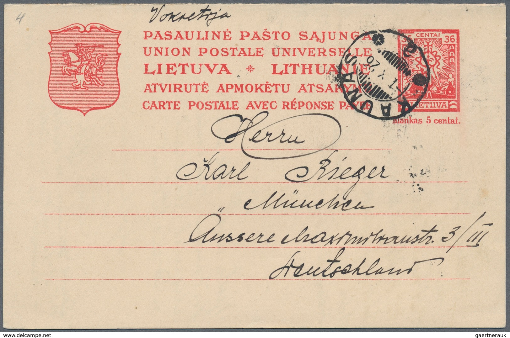 Litauen - Ganzsachen: 1924/1925, 36/36 C Red Single Psc And 15/15 C Chestnut Brown Double Psc Used F - Lithuania