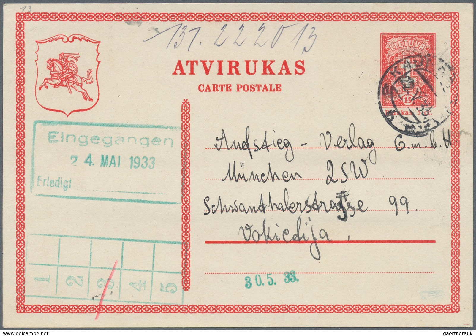 Litauen - Ganzsachen: 1933, 15 C Red Postal Stationery Card, 15 C Red Ps Question Card And 15/15 C R - Litouwen