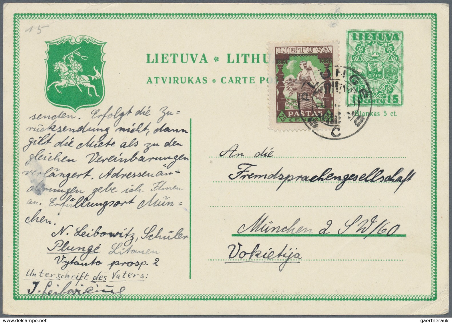 Litauen - Ganzsachen: 1934/1938, 15 Ct Green Psc With Additional Franking, 15 Ct Blue-green With Add - Litouwen