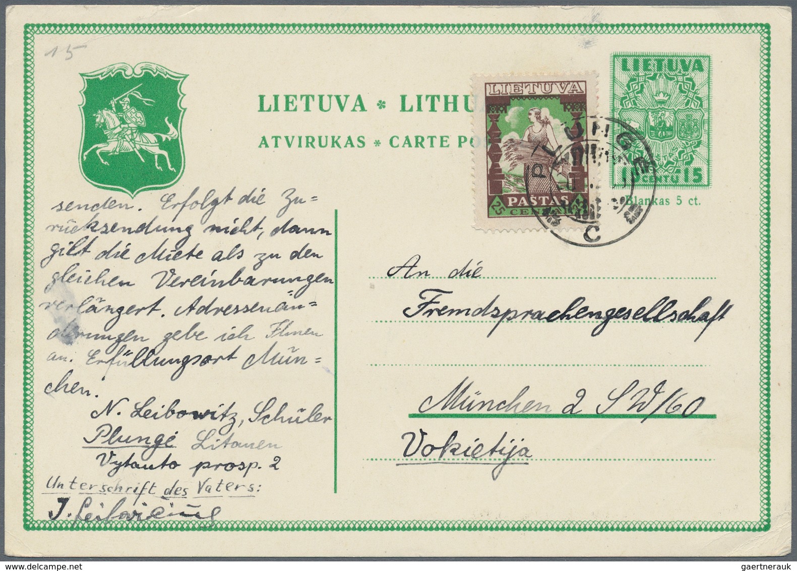 Litauen - Ganzsachen: 1934/1938, 15 Ct Green Psc With Additional Franking, 15 Ct Blue-green With Add - Lithuania