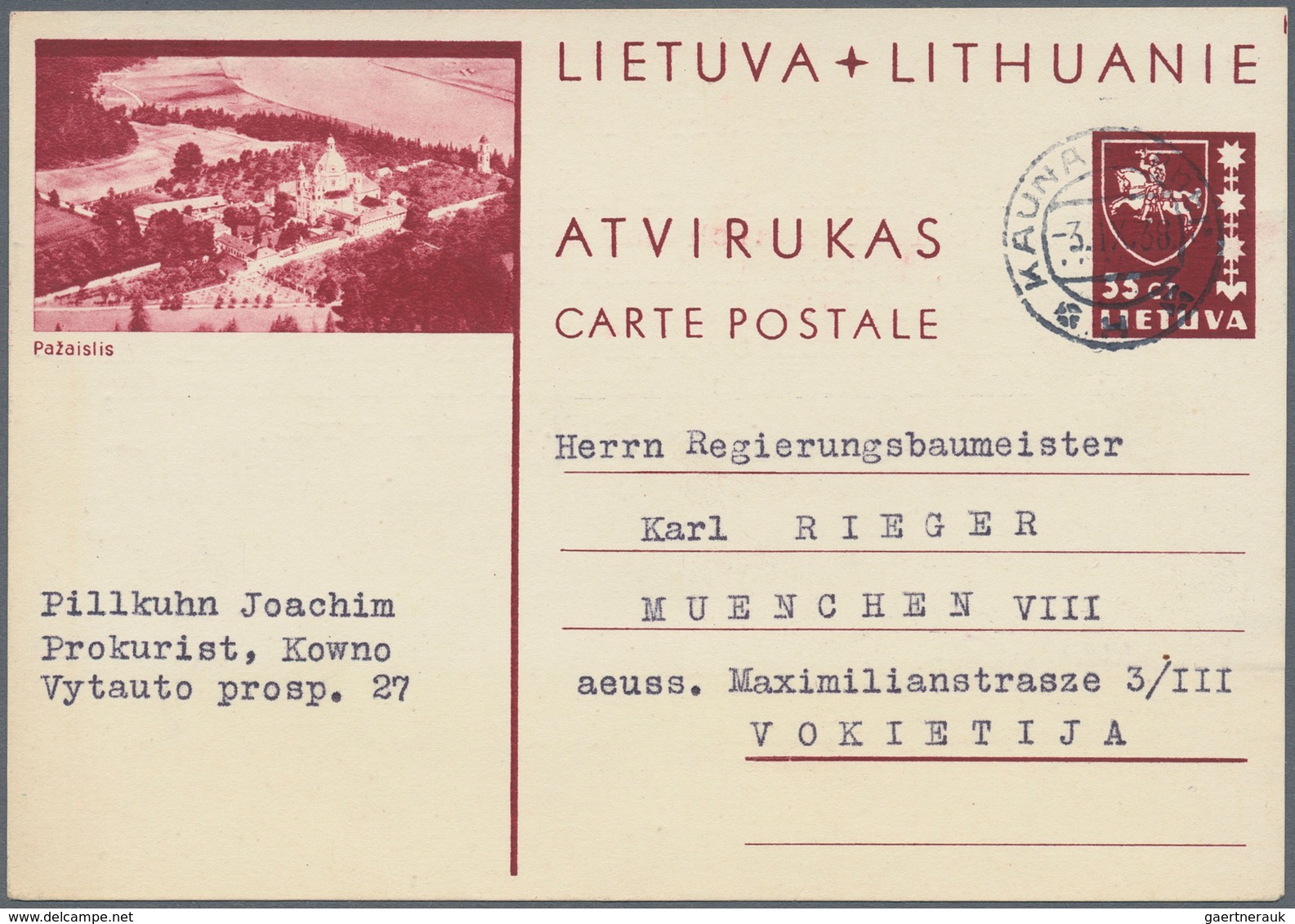 Litauen - Ganzsachen: 1934/1938, 15 Ct Green Psc With Additional Franking, 15 Ct Blue-green With Add - Litouwen