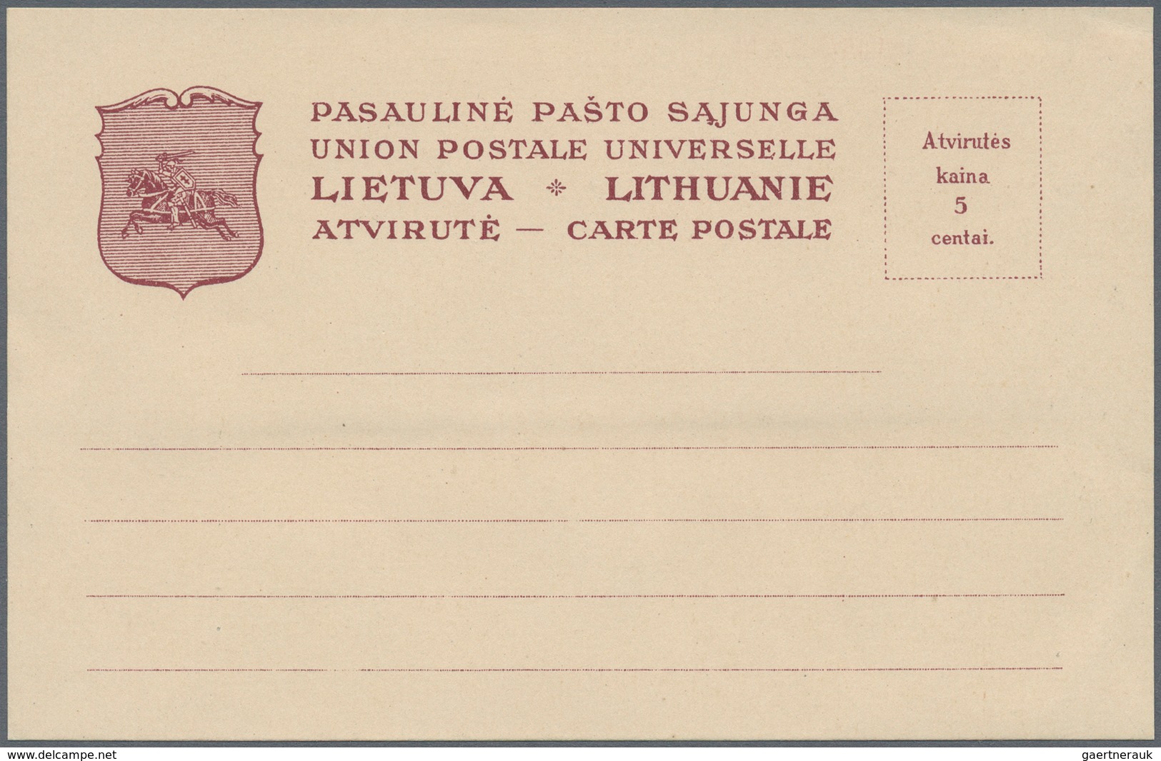 Litauen - Besonderheiten: 1925/1930 (ca.), Two Postcard Forms 5 C Chestnut-brown, Unused, Scarce - Lituania