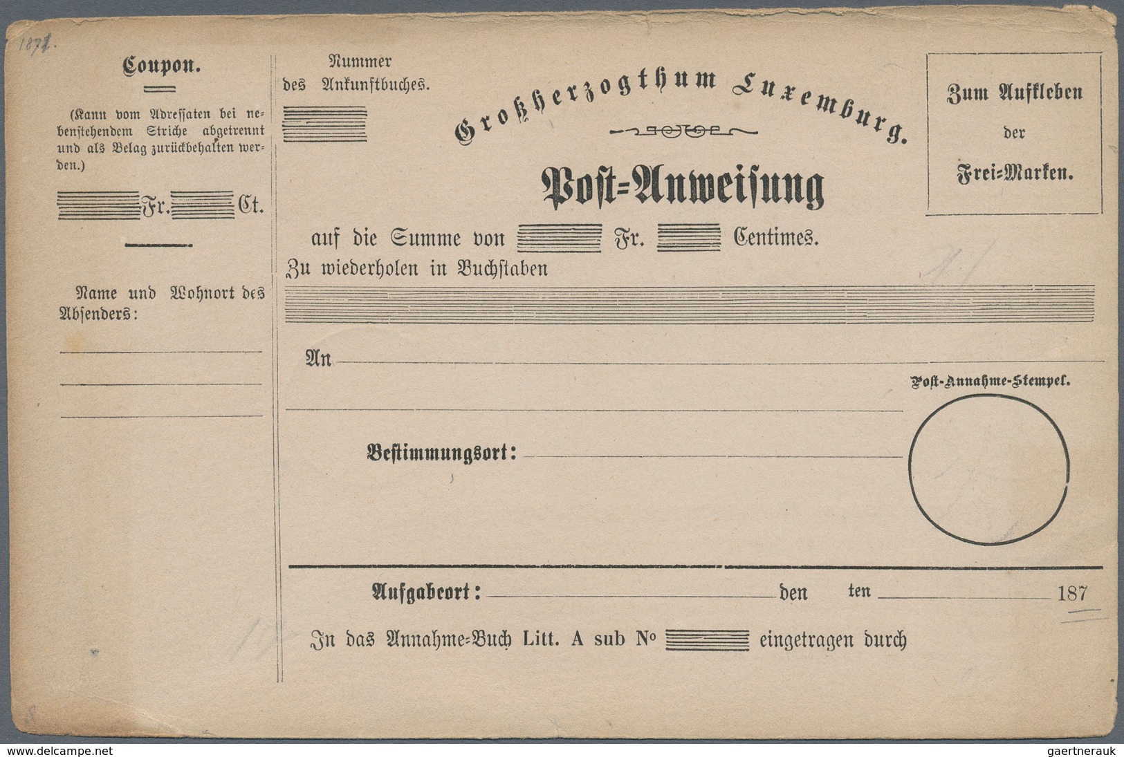 Luxemburg - Besonderheiten: 1870 (ca.), four different money order forms, unused, small traces of ag