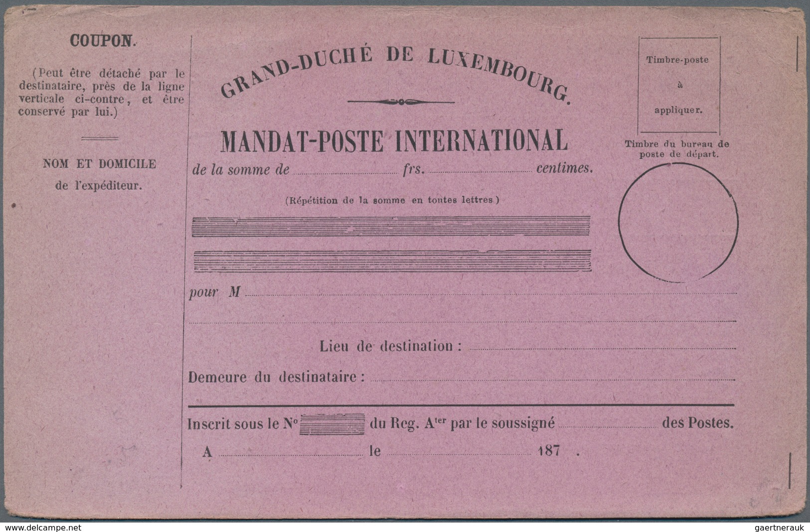 Luxemburg - Besonderheiten: 1870 (ca.), Two Different "MANDAT-POSTE INTERNATIONAL" Violet, Unused - Andere & Zonder Classificatie