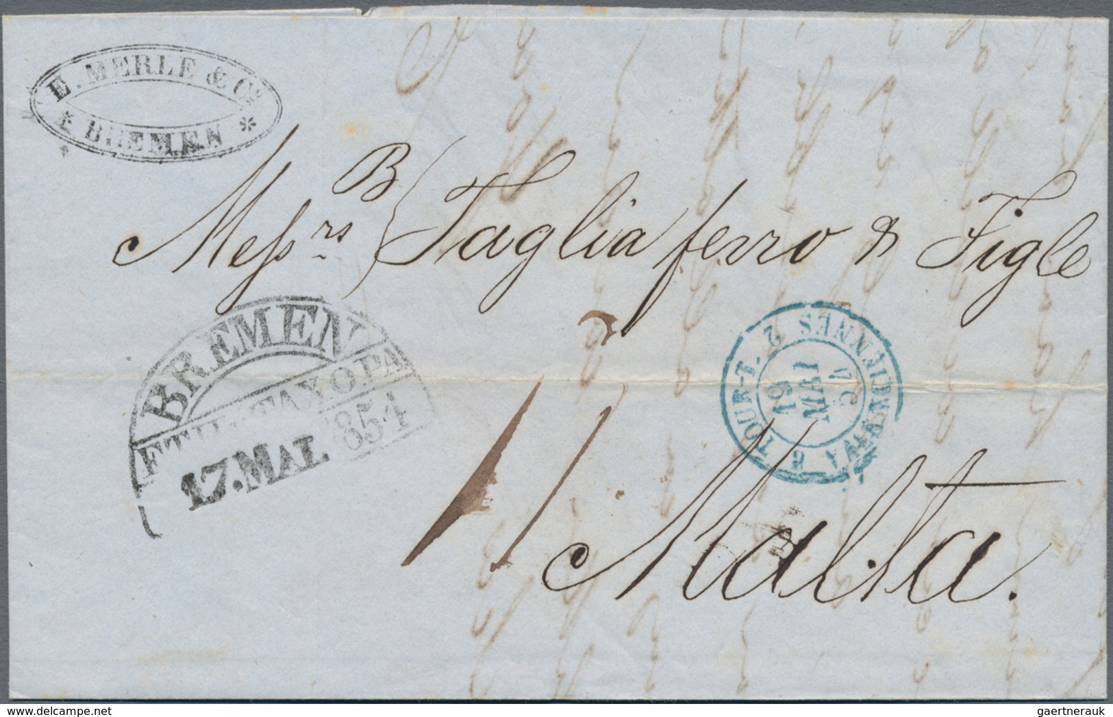 Malta: 1854 Incoming Mail: Unpaid Folded Envelope With Datestamp "BREMEN F THuTAX O.PA 17. MAI 1854" - Malta