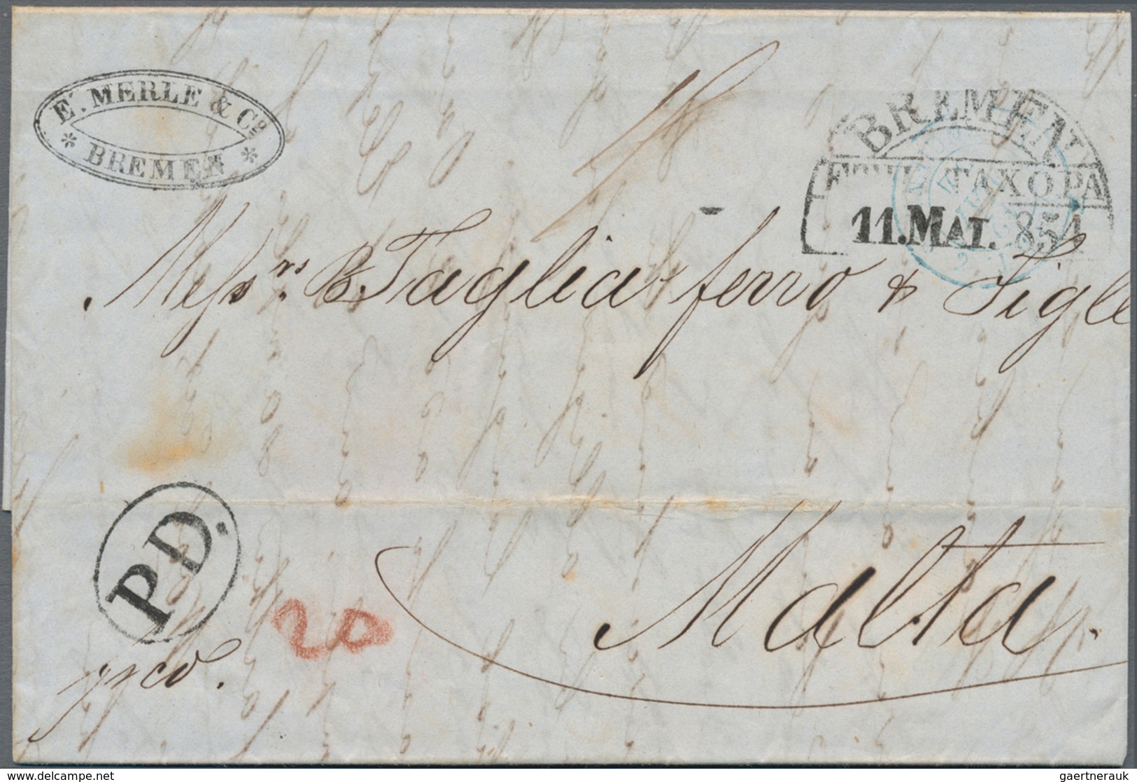 Malta: 1854 Incoming Mail: Full Paid Folded Envelope With Datestamp "BREMEN F THuTAX O.PA 11. MAI 18 - Malta