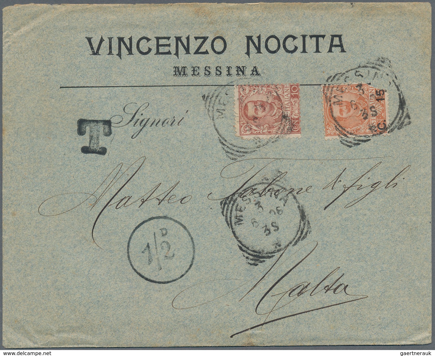 Malta: 1906, Incoming Mail From Messina/Italy Franked With Two Stamps 10c And 20c (defects) With Mal - Malta