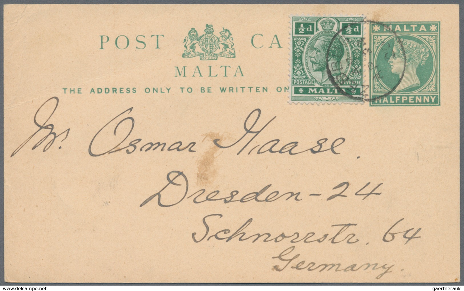 Malta - Stempel: 1920, 1/2 D Green QV Psc Uprated With 1/2 D Green KGV, Tied By Single Circle ZEBBUG - Malta
